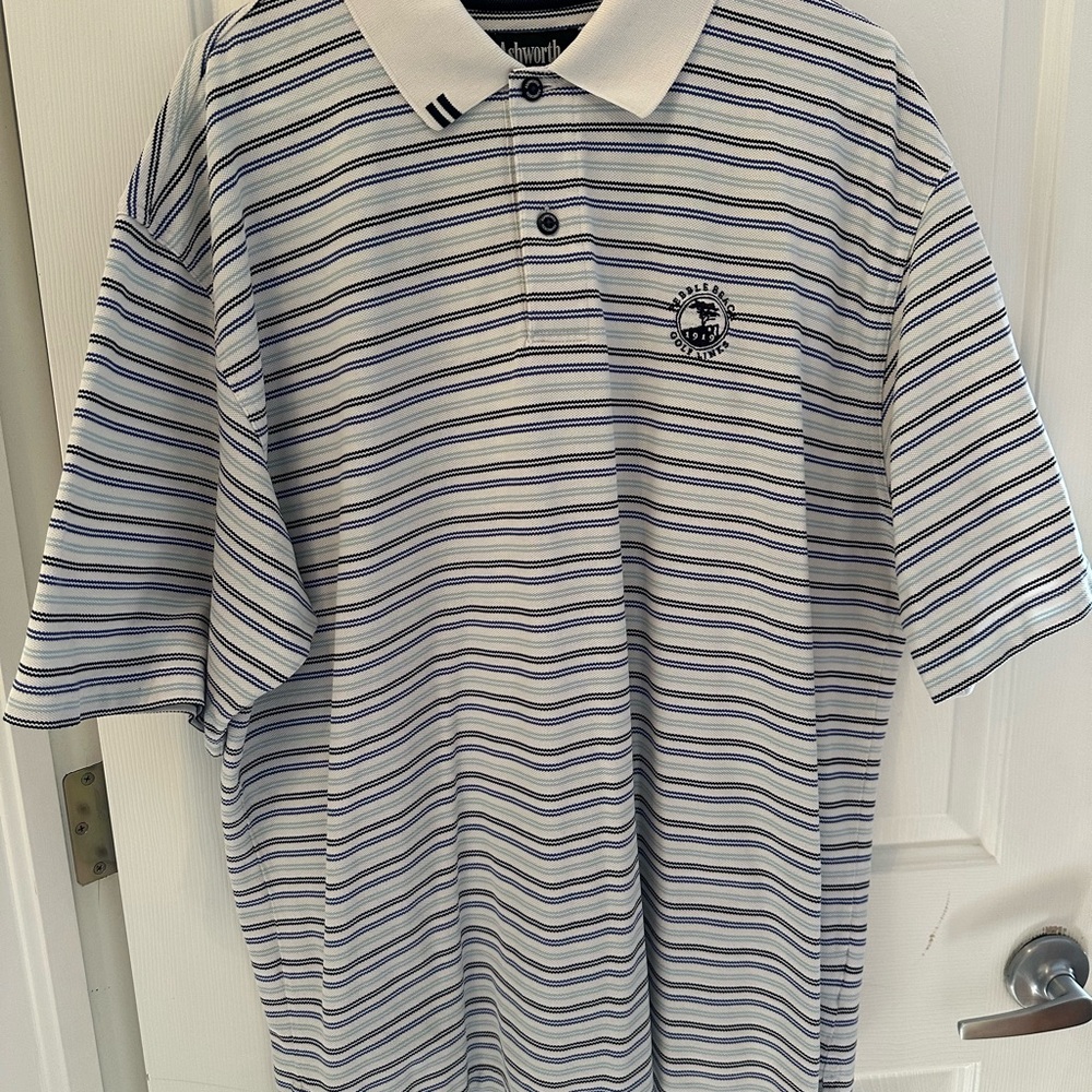 Men’s Ashworth Pebble Beach XL navy/light blue Striped Polo Shirt EUC